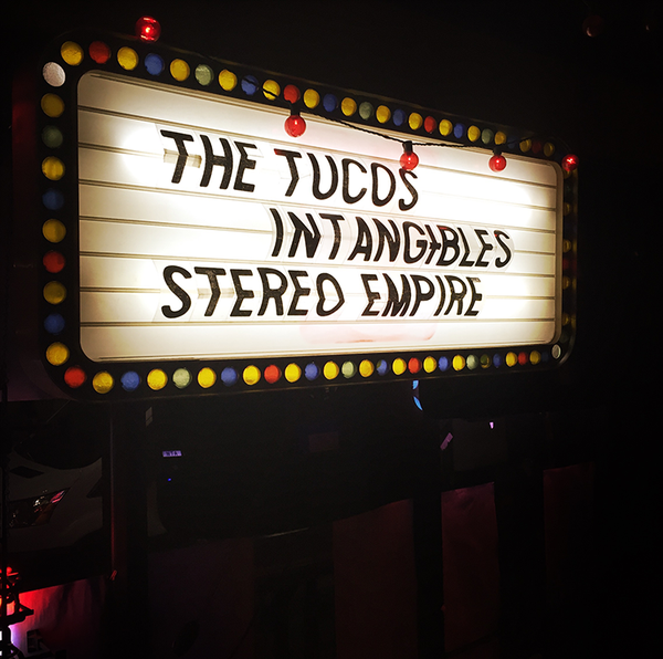 Marquee behind the stage at Buzzbin Art & Music Shop — in Canton, Ohio.