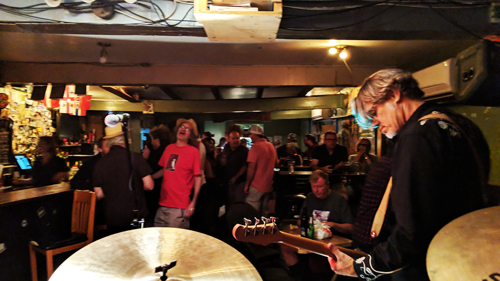 Barfly from the stage right before we started. Photo: David Below — with Elaine Clermont and 3 others at PJ`s Lager House.