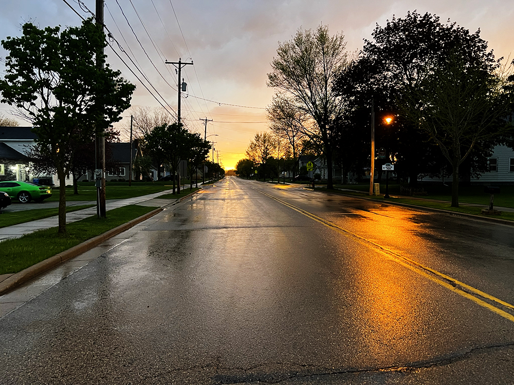 Main Street, Brooklyn, Wisconsin, at sunset, between thunderstorm waves.