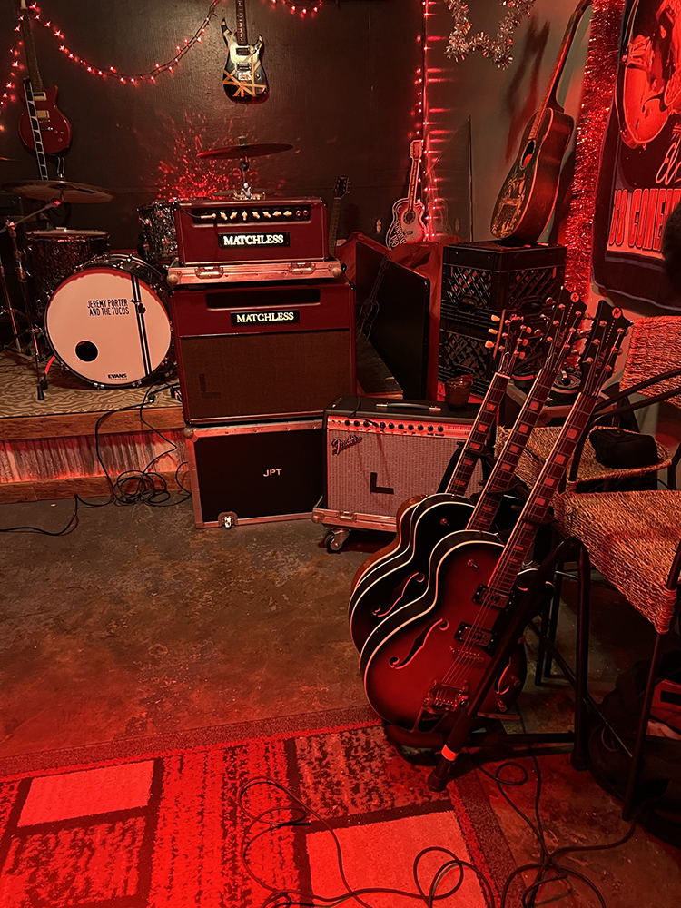 Hometown Pizza Cafe of Water Valley stage left — with Matchless Amplifiers and Reverend Guitars.