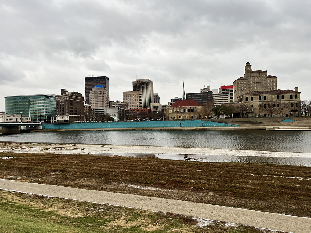 The Miami River and the Dayton, Ohio skyline facing south.