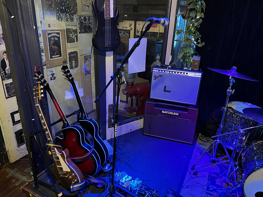 The stage at Taffy`s of Eaton — with Matchless Amplifiers and Reverend Guitars.