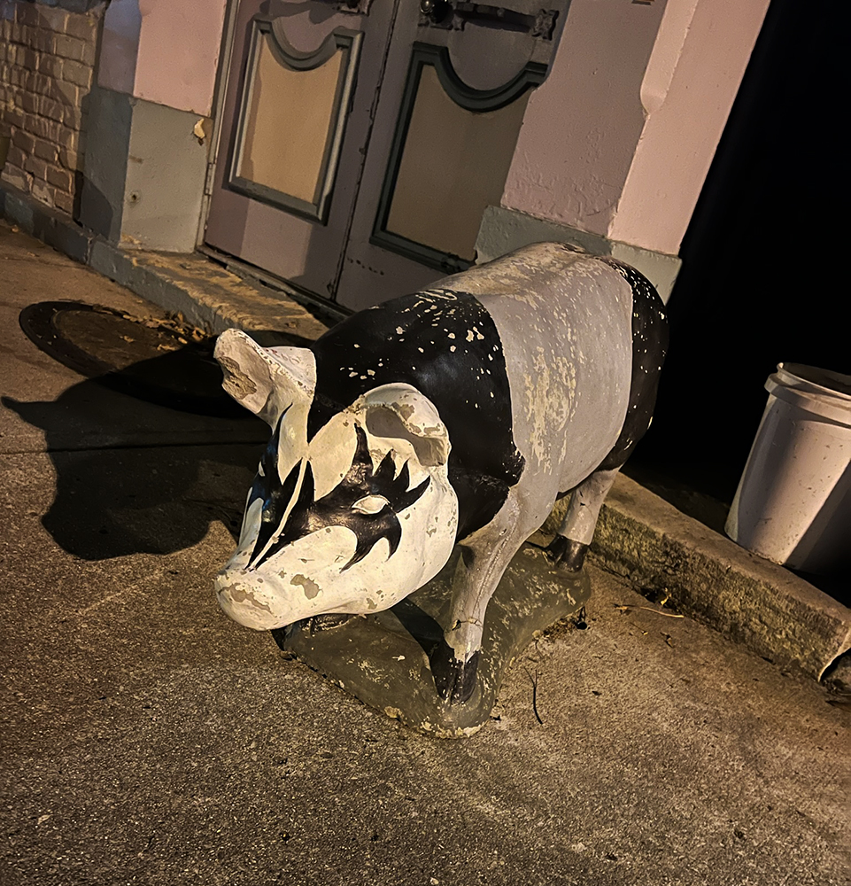Gene Simmons pig outside of Taffy`s of Eaton