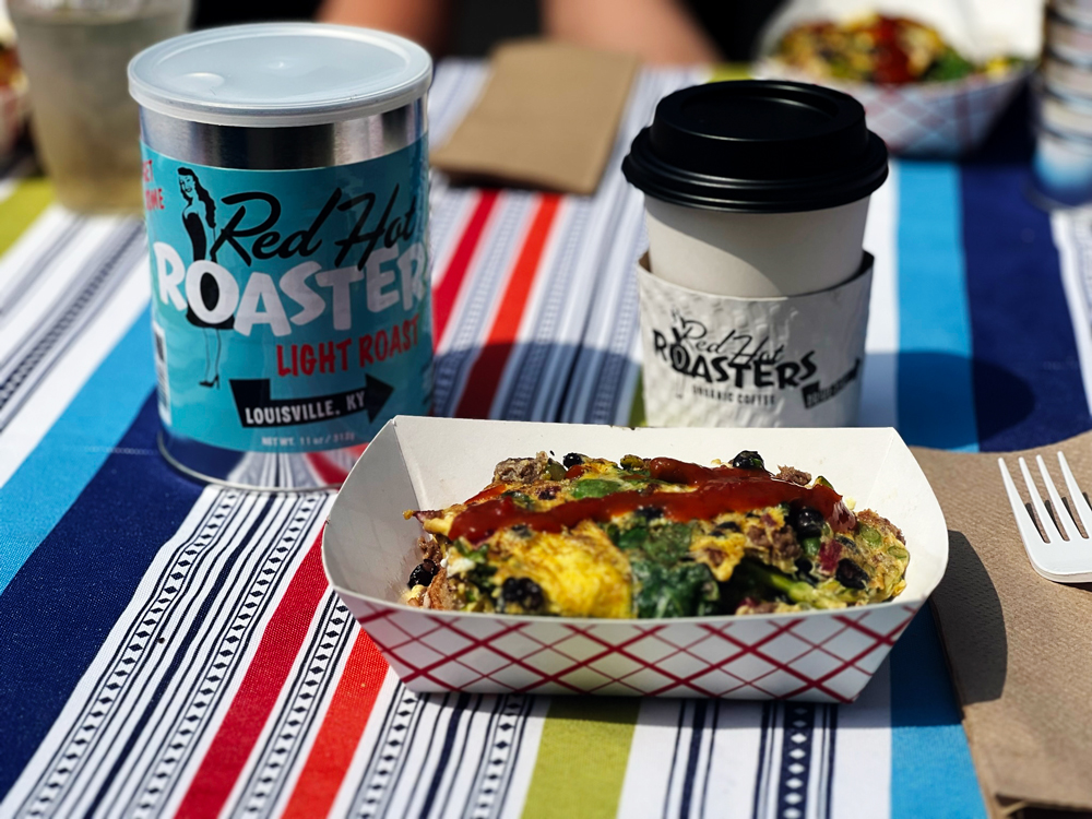 Breakfast and Red Hot Roasters coffee at the Louisville Farmer`s Market.